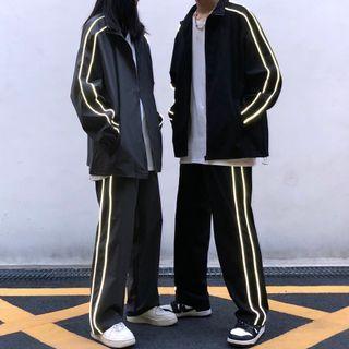Set: Contrast Trim Zip Jacket + Wide Leg Pants
