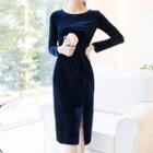 Slit Velvet Long-sleeve Sheath Dress
