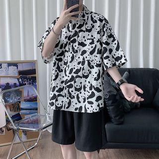 Panda Patterned Short-sleeve Button-down Shirt
