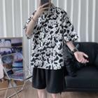 Panda Patterned Short-sleeve Button-down Shirt