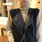 Plain Turtleneck Long-sleeve Sweater / Faux-leather Vest