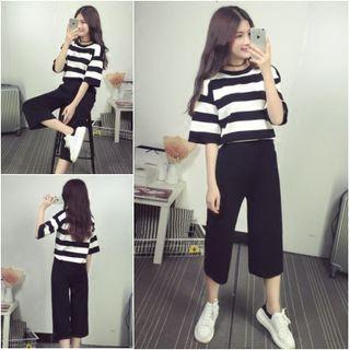 Set: Elbow-sleeve Striped T-shirt + Wide-leg Pants