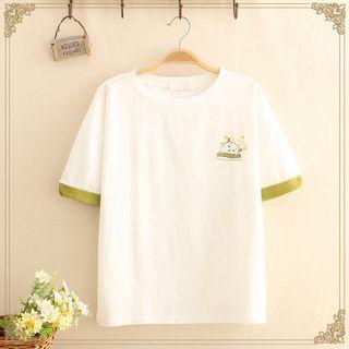 Contrast-trim Cat Print Short-sleeve Tee