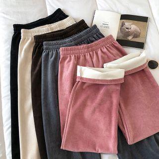 Plain High-waist Fleece Straight-cut Pants