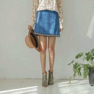 Pattern-trim Denim Mini Wrap Skirt