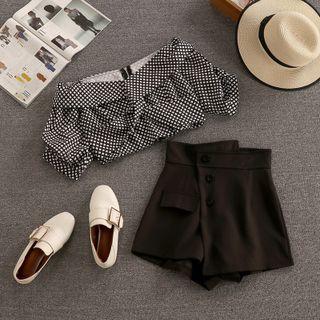 Set: Off-shoulder Plaid Blouse + Asymmetrical Skort