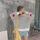 Heart Embroidered Striped Sweatshirt