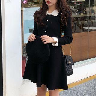 Long-sleeve Two-tone Mini A-line Collared Knit Dress