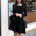 Long-sleeve Two-tone Mini A-line Collared Knit Dress
