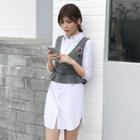 Set: Plain 3/4-sleeve Shirtdress + Check Peplum Vest