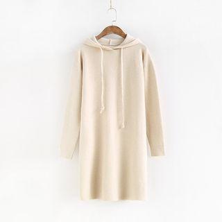 Drawstring Knitted Hoodie Dress Beige - One Size