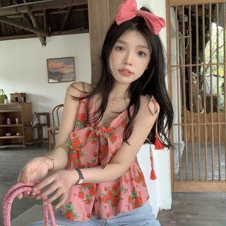 Floral Camisole Top Red Roses - Pink - One Size