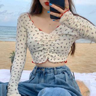 Flower Print Off-shoulder Long-sleeve T-shirt