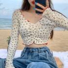 Flower Print Off-shoulder Long-sleeve T-shirt