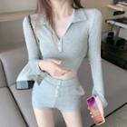 Set: Long-sleeve Polo Shirt + Hot Pants Gray - One Size