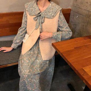 Floral Long-sleeve Midi A-line Dress / Fleece Vest