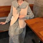 Floral Long-sleeve Midi A-line Dress / Fleece Vest