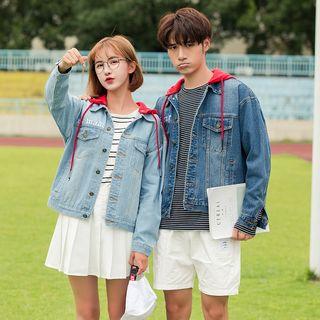 Couple Matching Embroidered Hooded Buttoned Denim Jacket