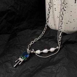 Melting Faux Crystal Faux Pearl Pendant Stainless Steel Necklace 1 Pc - Silver - One Size