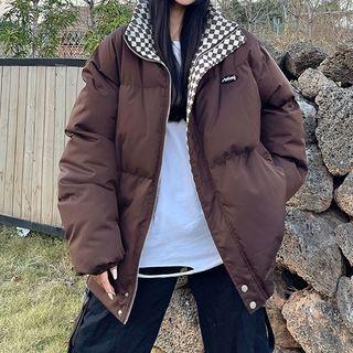 Checkerboard Panel Padded Zip-up Jacket