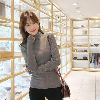 Turtle-neck Stripe Top Black - One Size