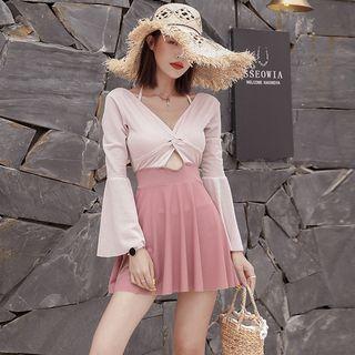 Set: Bell-sleeve Two-tone Twisted Swimdress + Bikini Top