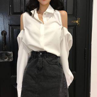 Plain Long Sleeve Open Back Blouse White - One Size
