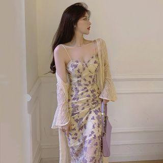 Spaghetti Strap Floral Midi Bodycon Dress / Cardigan