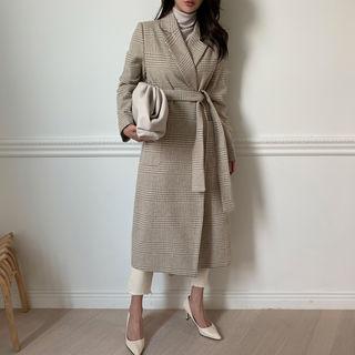 Glen-plaid Long Wrap Coat Beige - One Size