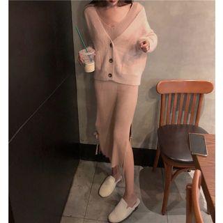V-neck Cardigan / Midi Rib Knit Tank Dress