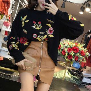 Set: Embroidered Sweater + Faux Leather Fitted Skirt