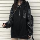 Faux Leather Chain Panel Fleece-lined Hoodie Black - One Size
