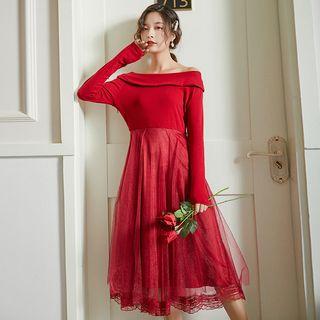 Off-shoulder Long-sleeve A-line Midi Mesh Dress