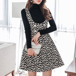 Set: Turtleneck Long-sleeve T-shirt + Leopard Print Pinafore Dress
