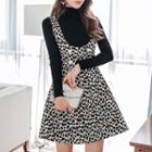 Set: Turtleneck Long-sleeve T-shirt + Leopard Print Pinafore Dress