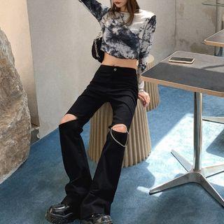 Long-sleeve Tie-dye Crop Top / Chained Cutout Bootcut Pants / Set