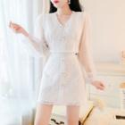 Set: Long-sleeve Bow-accent Panel Tweed Top + Mini Skirt