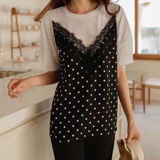 Lace-trim Dotted-panel T-shirt