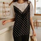 Lace-trim Dotted-panel T-shirt
