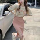 Short-sleeve Letter Embroidered Knit Top / Midi Knit Skirt