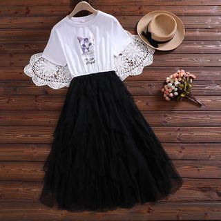 Cat Print Short-sleeve Midi A-line Mesh Dress