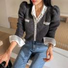 V-neck Contrast-trim Fuzzy Top