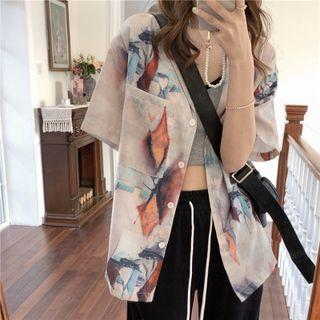 Short-sleeve Print Shirt Coffee & Grayish Almond - One Size