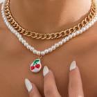 Set: Faux Pearl Cherry Necklace + Chain Necklace 2801 - Set Of 2 - Gold - One Size