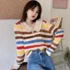Long-sleeve Peter Pan-collar Striped Knit Top Rainbow - One Size