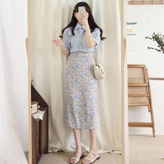 Short-sleeve Blouse / Floral Print Midi Skirt