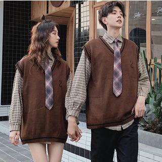 Long-sleeve Plaid Tie-neck Shirt / Knit Vest