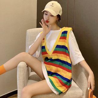 Plain Elbow-sleeve T-shirt / Striped V-neck Vest
