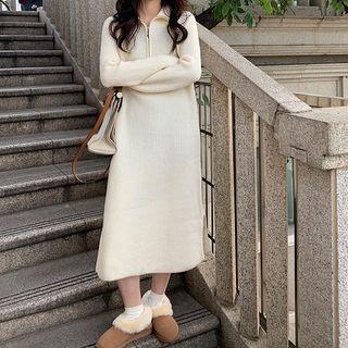 Zip Front Slit Midi Knit Dress