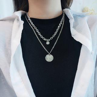 Lettering Pendant Layered Alloy Necklace Silver - One Size